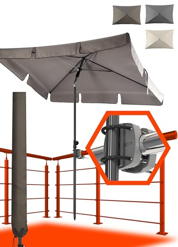 4smile Sonnenschirm Balkon SunnyShade, 3-in-1 SET, Taupe - UPF 50+ Sonnenschirm rechteckig 200 x 125 cm + Sonnenschirmhalter Balkongeländer + Sonnenschirmhülle - Sonnenschutz Balkon