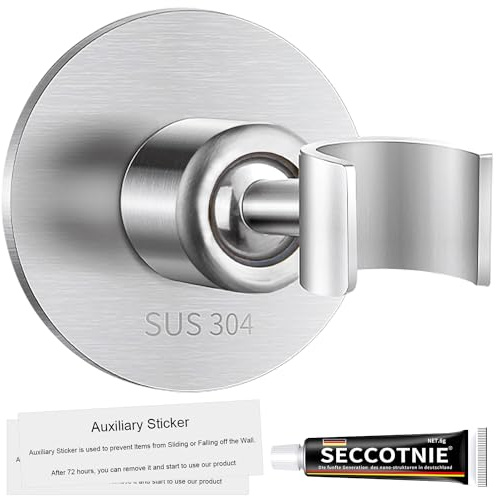 Drenky Support Pommeau de Douche Sans Percage, Acier Inoxydable 304 Universel Support de Douche Avec Colle Forte Support Douchette Mural Fixation Pommeau de Douche Réglable à 360 °(Argent)