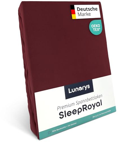 Lunarys® SleepRoyal Luxus Spannbettlaken 180x200cm - Burgunderrot - 250 g/m² Premium Bettlaken - 40 cm Steghöhe - für hohe Matratzen, Boxspringbett & Matratze + Topper & Wasserbett - Stretch Jersey