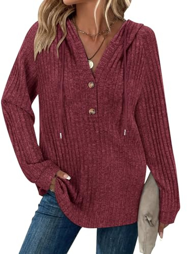 Oversized Hoodies for Women UK Long Sleeve Jumpers Drawstring Button Down V Neck Pullover Hooded Sweaters Casual Cozy Comfy Christmas Sweatshirt for Women UK Ladies Casual Fall Winter Tops