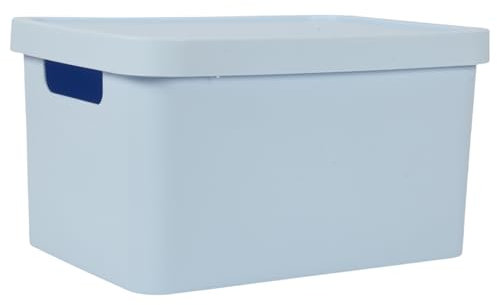 Plastic Large Storage Box with Lid, 31L Capacity, Solid Matte Colour, Decorative Design with Handle, Stackable & Nestable Space-Saving Organizer for Home & Office – 45.5 x 33.5 x 25 cm (BLUE)
