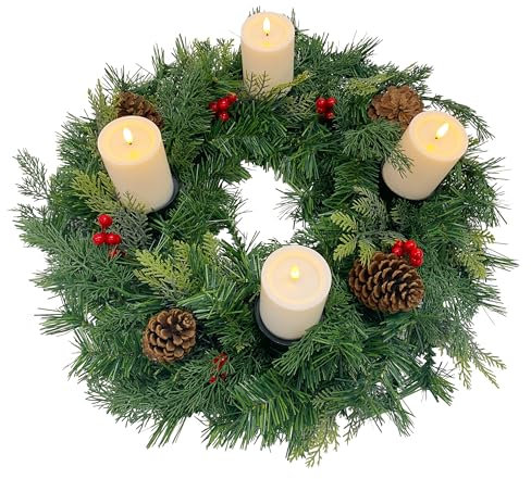Gartenpirat Künstlicher Adventskranz Ø 60 cm mit 4 LED-Kerzen Flacker-Effekt Weihnachtskranz mit Tannenzapfen und roten Beeren geschmückt Adventsgesteck