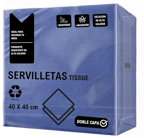 CHEFZOCO Servilletas de papel, Servilletas Desechables, servilletas Cocktail, Servilleta 100% Reciclables, Servilleta doble capa, Material Celulosa, 40 x 40 cm, Pack 50 Unidades, Color Azul