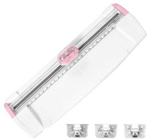 3-i-1 pappersskärare skärmaskin papper med sidolinjal orienteringsgaller och ersättningsblad multifunktionell pappersskärare för A3, A4, A5-papper foton vykort (rosa)