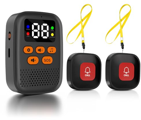 Chatthen Wireless Pulsante Chiamata Emergenza/Cercapersone per Anziani/Pulsante Emergenza per Anziani/Sistema Assistenza per Ricezioner di 16 Tipi Musica 4 Tipi Volume, 2 pulsanti 1 ricevitore
