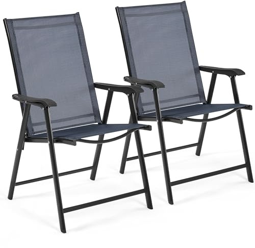 Yaheetech Folding Garden Chairs, High Back, Steel Frame, 2-Pack, Navy Blue | Chairs with Backrest and Armrests | Portable & Compact Storage | Portable Compact Storage | For Home, Office, Dining, Event