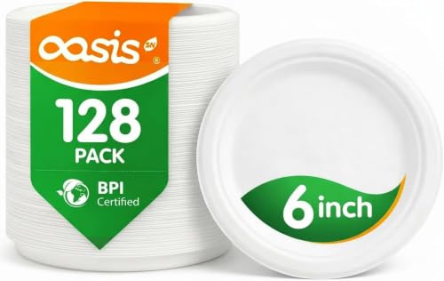 OasisSN 6 Inch Paper Plates 128 Pack, Small Dessert Plates Disposable, Heavy Duty Compostable Sugarcane Bagasse Plates for Cake, Snacks, Kids Meals & Parties, White
