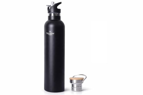 Bakhtiar®️ Doppelwandige Edelstahl Trinkflasche - Premium Isolierflasche für Heiß- & Kaltgetränke - Sportflasche mit zwei Deckel - Getränkeflasche Kohlensäure geeignet (Schwarz, 1000ml)