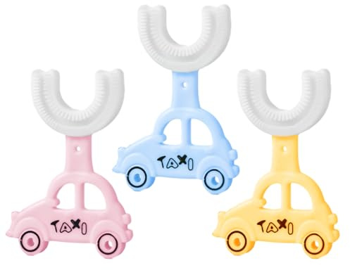 GXGM 3 Piezas Cepillo Dientes Bebe,Cepillos de Dientes en Forma de U para niños de 2 años, 360 Grados para la limpieza Bucal,Para Toda la Boca con Cabezal de Silicona Suave,S(Azul +Rosa +Amarillo)