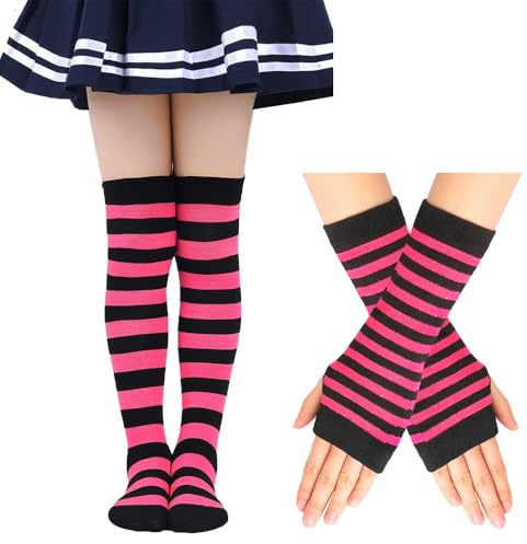 EQLEF Chaussettes Hautes Fille 6-10 Ans, Costume Chaussettes Hautes Avec Gants Longs Sans Doigts Filles Pour Noël Halloween Carnaval Fête à Thème (Rosy and black)