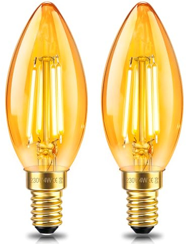 Caldarax 2 Stück E14 LED Kerze Vintage Glühbirne, 4W LED Filament, Ersetzt 40W C35 Kerzenbirnen, Warmweiß 2200K Bernstein Glas Birne, 400LM, Nicht Dimmbar, Nostalgische Deko für Zuhause, Café, Bar