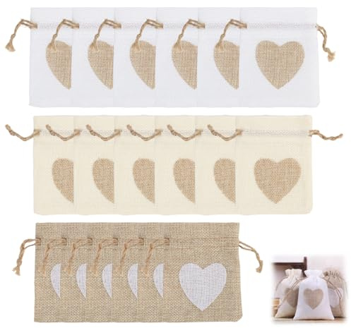 Lot de 18 Sachets en Toile de Jute 10×8 cm – Pochettes Jute avec Cordon de Serrage et Motif Cœur – Sachets en Tissu Réutilisables pour Bijoux, Bonbons, Fleurs Séchées, Mariage, Anniversaire, Fête