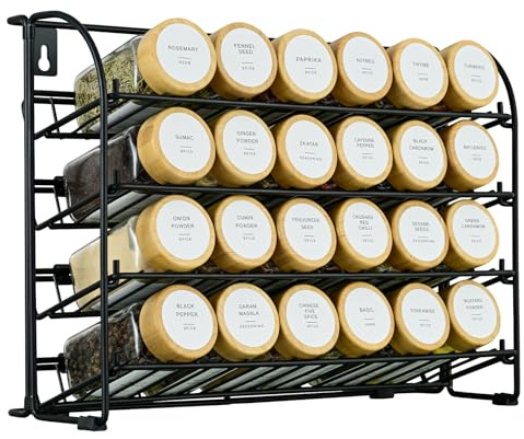 ToughHub 4 Tier Spice Rack Organiser – 2-in-1 Free Standing & Wall Mounted Iron Seasoning Rack with Non-Slip Feet, Space-Saving Kitchen Counter & Cupboard Storage (without Jars)