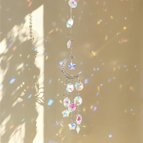 Attrape-Soleil Lune avec Cristal Prisme – pour Décoration Fenêtre | Pendentif Cristal – Mobile Suspendu Élégant en Laiton pour Maison Ou Bureau – Accessoire Lumineux pour Intérieur Et Balcon