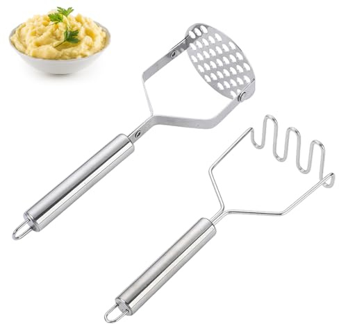 2 Pieces Potato Masher, Heavy Duty Stainless Steel Potato Ricer Masher Durable Kitchen Tool Utensils for Potatoes, Tomatoes, Baby Food, Fruit Jam & Vegetables, Kitchen Gadget