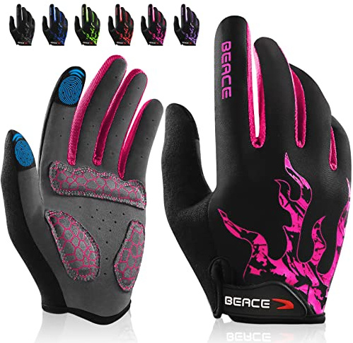 BEACE Gloves for Cycling Bike Biking with Touch Screen-Full Finger Mountain Bike Workout Road Gloves with Anti-Slip Silicone Palm for Men Women (Rose Red, M)