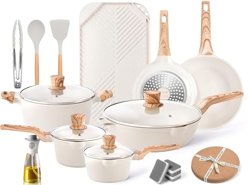 Caannasweis Juego de 20 Utensilios de Cocina, Ollas y Sartenes Antiadherentes de Inducción de Granito, Juego de Parrilla Blanco Grisáceo, Libre de