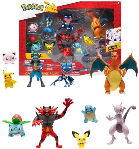 Pack de 10 figuras Pokémon – Figuras de 5 a 11 cm – Charizard, Pikachu, Lucario, Greninja, Mewtwo, Jigglypuff, Ivysaur, Incineroar, Squirtle y Pichu – Novedad 2025 – Juguete oficial de Pokémon