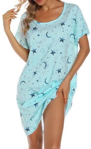 MIA LUCCE Chemise de Nuit Femme Manches Courtes Nuisette Femme Coton Robe de Nuit Col Rond de Nuit Imprimée S-XXXL