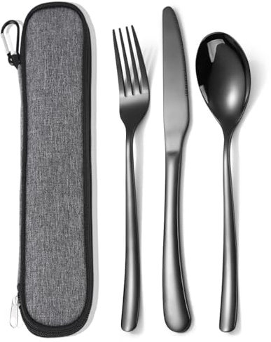 MURRI&MURRDI Besteck Set für 1 Personen, Reisebesteck Flatware Set, Besteck To Go Edelstahl Spiegelpoliert, Camping Messer Gabel Löffel mit Tasche, Travel Cutlery Set, Spülmaschinenfest (3 Schwarz)