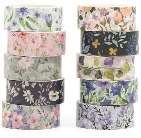 Songdao Blommor Washi Tape set 10 rullar blomkonst dekorativ tejp färgglad för scrapbooking, bullet dagbok, planerare, presentförpackning (4-lila)