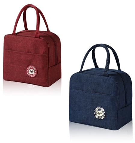 AMONENZ 2 Piezas Bolso Termico Comida Trabajo, Rojo Vino y Azul Tibetano Bolse Almuerzo, Plegable Bolse Porta Alimentos Trabajo, con Papel de Aluminio Aislado, para Oficina, Camping, Viajes