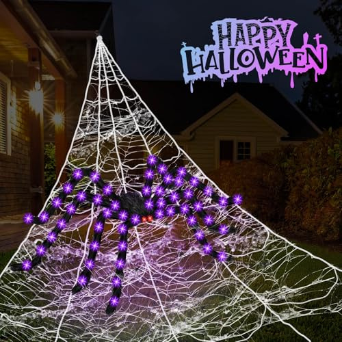 Fangoo 16.4FT Giant Spider Cobweb Decoration 6.5FT Glowing Fake Spider Lights 40g Spider Cotton 20pcs Little Spiders for Halloween Decorations Yard Home Costumes Parties Haunted House Decor
