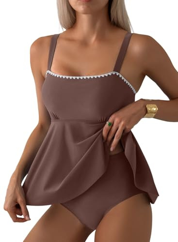 Aleumdr Slimming Swimsuits for Women High Waisted Tummy Control Tankini Set Push Up Bandeau 2 Piece Bathing Suit Dark Brown X-Large