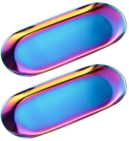 VEOIRXU 2 Piezas Bandejas Decorativas Bandeja Vaciabolsillos Bandeja Acero Inoxidable Plata Ovalada Bandejas para Almanecer Joyas Cosméticos Aperitivos y Velas (Colores Arcoíris)