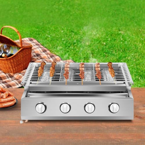 Gril à gaz en acier inoxydable à 4 brûleurs réglables en hauteur avec brûleur en céramique infrarouge, réduit la vapeur d'huile, allumage électronique, 4 régulateurs de température, barbecue de table