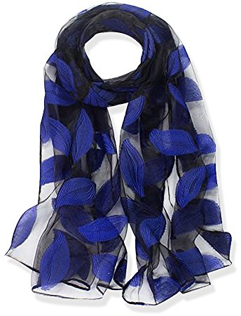 YFZYT Organza-Schal für Damen mit Feder Stickerei Muster/Elegantes Accessoire für Frauen/Organza-Schal/Halstuch/Schulter-Tuch/Schal Chiffon Stola Scarves - Königsblau Blätter