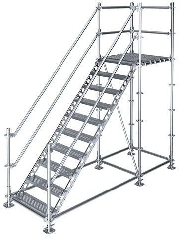 Scafom-rux Feuerverzinkte Bautreppe [10 Stufen | mit Podest] Außentreppe - 2m Höhe, 80cm breit, 45 Grad - Treppe außen, Stahltreppen für Gerüst und Garten - Aussentreppen Stahl - Treppen Bausatz