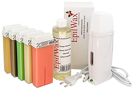 EpilWax Royal Epilationsset Komplett mit: Professionellem Wachswärmer 5 Roll-On Wachs 100 ml panaschiert, 100 Epilierstreifen, 1 Flasche mit 250 ml Öl nach der Epilation - (Royal Serie panaschiert 5)