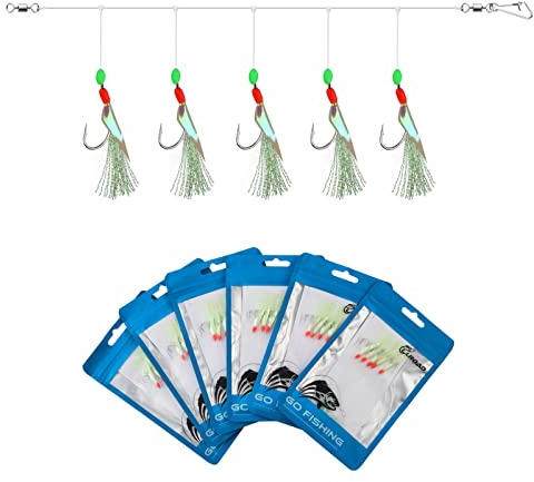 Luroad Lot de 6 Bas de Ligne à Plumes de Maquereau, Pré-noués avec Perles Lumineuses, Appâts Bioniques pour Maquereau, Pollock, Hareng, Bar (Fluro Flasher, Hook Size 12+16+18)