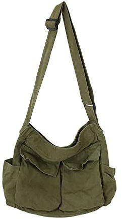 Sumleno Canvas Messenger Bag, Borsa a Tracolla in Tela Donna, Verde Militare, Large