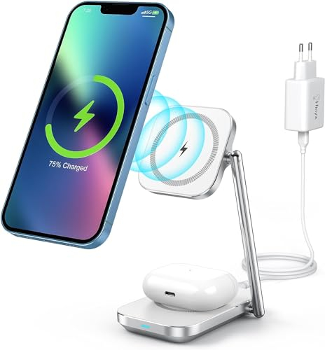 Hinyx Wireless Faltbare Induktive Ladestation, 2 in 1 Kabelloses Ladegerät Kompatibel iPhone 14 15 13 12 11/Pro/XS/XR/X/8, Samsung Phones, AirPods 3/Pro/2 (Adapter Enthalten)