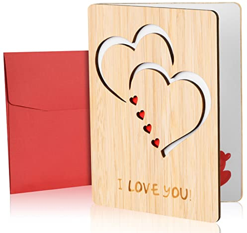 Vicloon Herz Karte, Handgefertigte beschreibbare Bambuskarte mit Herz, Karten-Set mit Umschlag, Karte aus Holz Liebe, Hochzeitskarten Jahrestag Karten für Sie(Einzigartig)