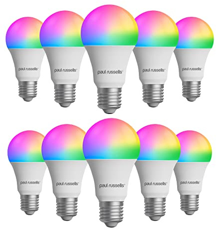 paul russells Smart LED GLS Bulb, 8.5W E27 Screw, Works with Amazon Alexa and Google Home Light Bulbs, 60W Energy Saving, No Hub Required, Multicolor, RGBCW 2700K-6500K Wi-Fi 2.4GHz Only, Pack of 10