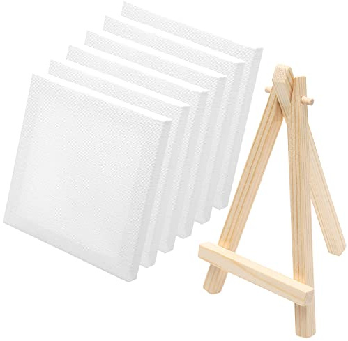 6PCS Mini Canvas with 1PCS Mini Easel, 10x10cm Small Canvases for Painting, Blank Canvas Boards for Acrylic Oil Painting and Decorating, Art Canvases for Artist to Paint