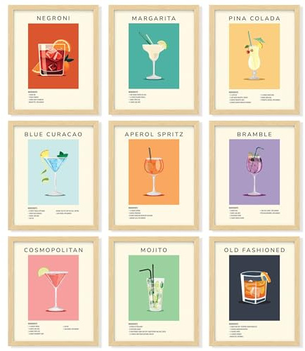 97 Decor Poster da cocktail vintage – Accessori e decorazione per carrello bar, arte murale da cocktail retrò, immagini estetiche di bevande funky, stampe d’arte colorate per dormitorio