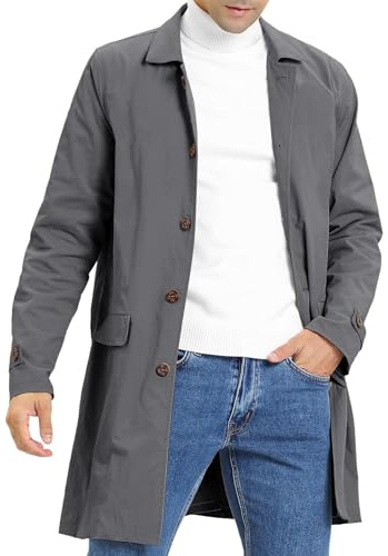 Fezia trenchcoat för män, enkel rad, lång kappa, lätt slag, höst, vinterjacka, övergångsjacka, Mörkgrå, L