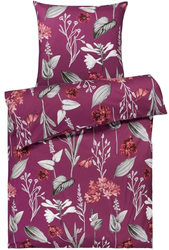 Pure Label Blumen Bettwäsche 155x220 cm mit einem Kissenbezug 80x80 cm - Traumhaft weiches Bettwäsche-Sets 155 x 220 cm in Beere aus 100% Baumwolle mit YKK Reißverschluss