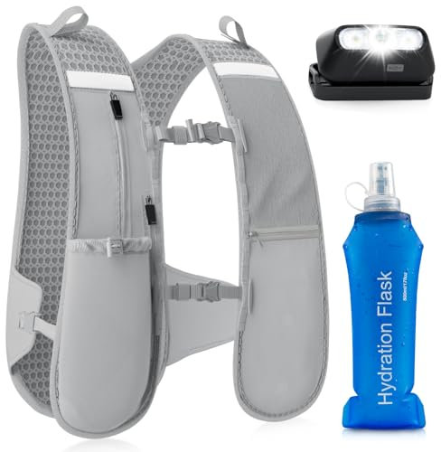 Nextyu Running Vest - Adjustable Hydration Vest Women Men with Headlamp, Lightweight Reflective Vest with 500ml Soft Water Bottle for Outdoor Running Cycling Hiking Climbing