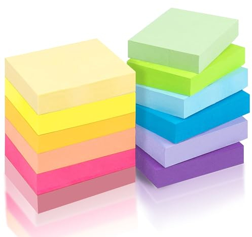 Taiyeestar 1200pcs Haftnotizen Klebezettel Klein 50 x 38 mm, 12 Farben Sticky Notes, Bunte Quadratische Selbstklebende Notizzettel Klebend für Schule, Zuhause, Büro, 100 Blätter/Farbe