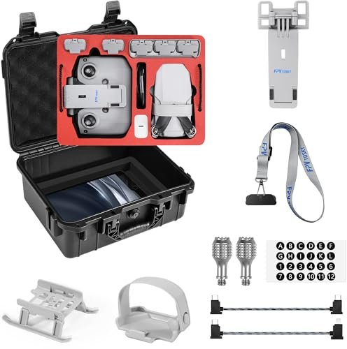 FPVtosky 8-IN-1 Zubehör-Kit für DJI Mini 4K/Mini 2/Mini 2 SE Drohne Doppellagige Koffer, Tablet Halterung, RC-N1 Gurt, Landing Gear, Propellerhalter, 2 Steuerknüppel, 2 Data Cable, Digital Sticker