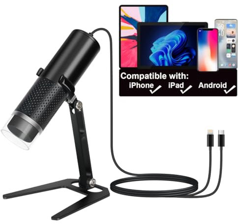 Jiusion Digital USB Mikroskop Kamera für iPhone iPad Android Telefon Tablet, 50 bis 1000X Mobile Münze Erwachsene Student Kind Scope Juwelier Lupe 1920x1440P Aufnahme mit Metall Stand - Nicht für PC