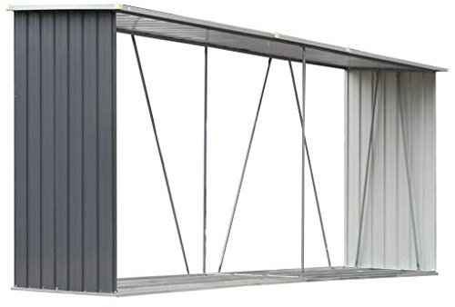 Cobertizo de madera de acero para jardín, almacenamiento de metal al aire libre, cabaña de troncos recubierta de zinc, gris, 330 x 84 x 152 cm, estante de leña duradero, solución de jardinería para