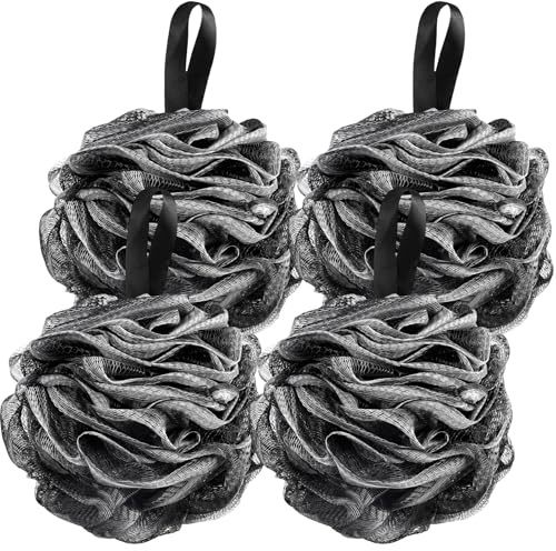 4 Piezas Esponja Ducha Negro,13 cm Grandes Esponja Baño Exfoliante,Esponjas de Baño de Malla Suave de 60 g con Asa para Colgar,Shower Puff Suave y Cómoda Espumante Fácil para Hogar, Viajes y Hoteles