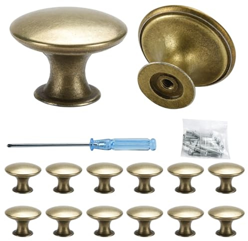 JoyEcho 12 pomos de armario vintage,Tiradores de Muebles Redondos de 30 mm, Manijas de gabinete de latón vintage adecuadas para Gabinete, Cajones, Cocina, Baño