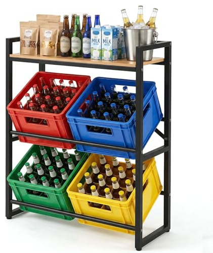 Treeboy Metal Beverage Crate Narrow Shelving Unit Natural Wood for Storage | Beverage crate rack for 4 crates,Standing Storage Rack Shelf Drinks Crate Rack 270 kg Load Capacity for Kitchen Pantry Garage